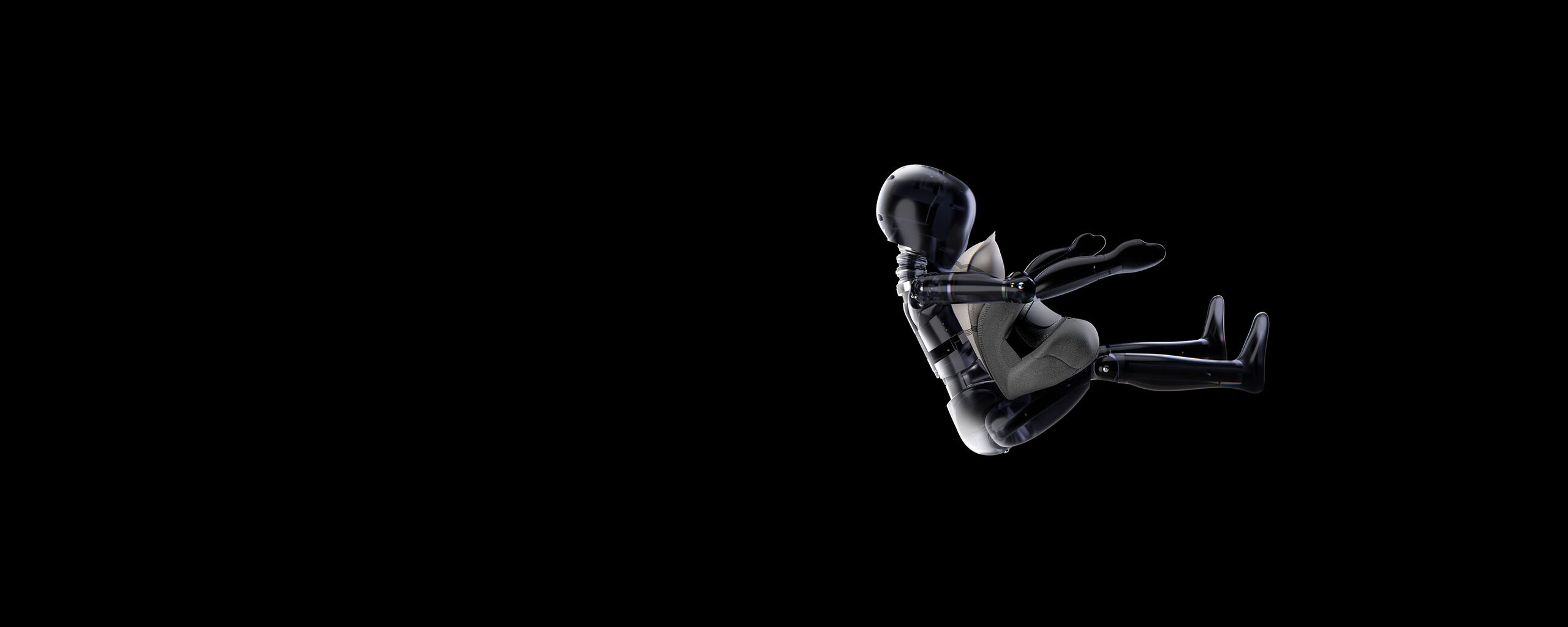 A crash test dummy with an inflated airbag in front of its body.