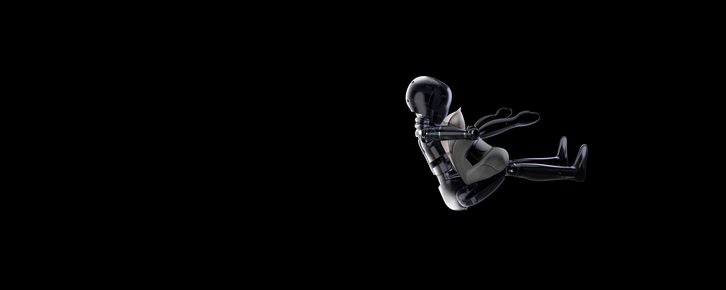 A crash test dummy with an inflated airbag in front of its body.