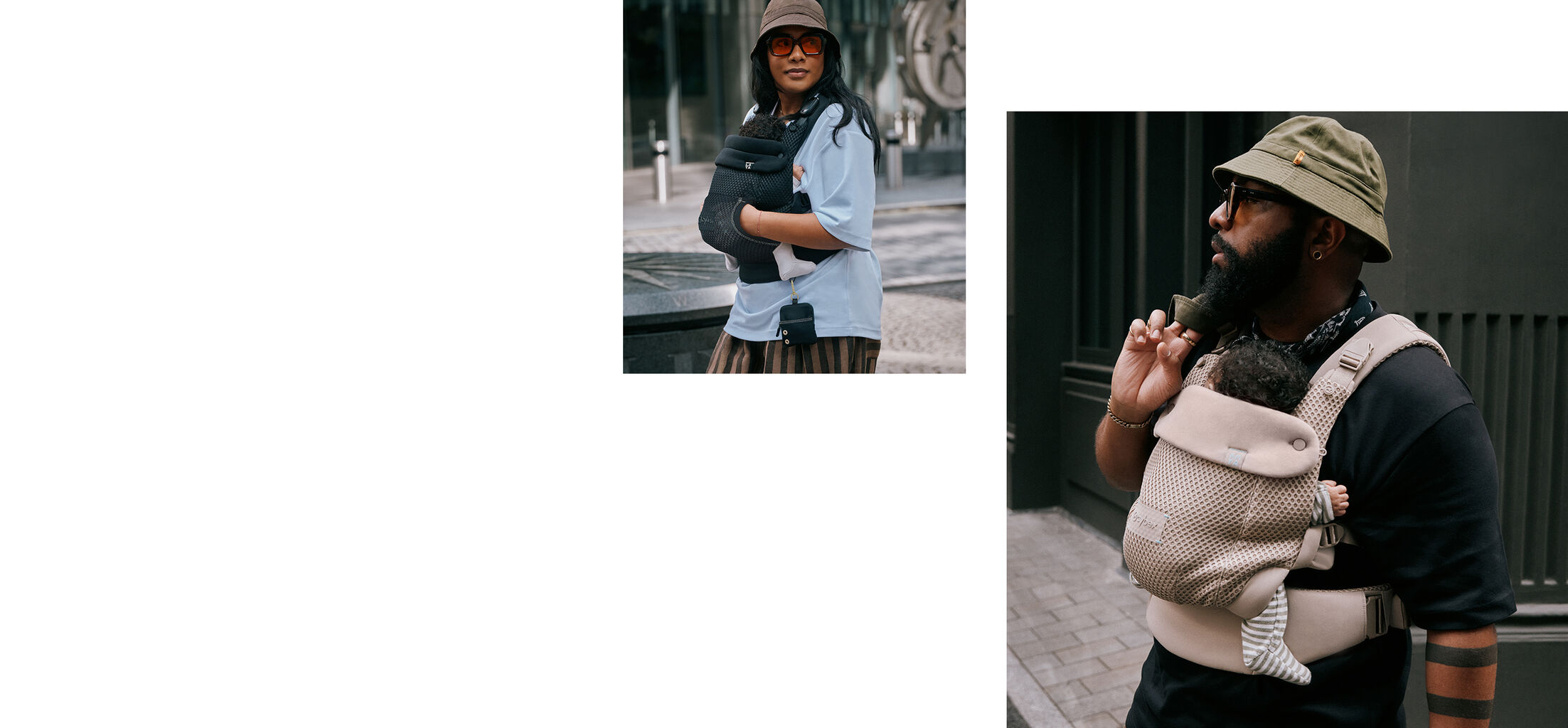 Deux images d&rsquo;une m&egrave;re et d&rsquo;un p&egrave;re portant leur enfant dans un porte-b&eacute;b&eacute; CYBEX.