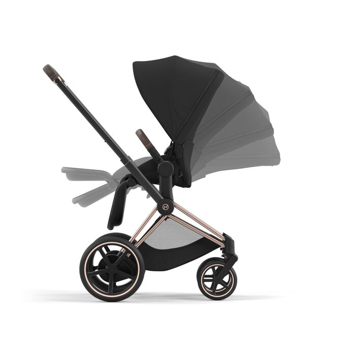 An image of the CYBEX Platinum e-Priam Jeremy Scott - Car Stroller, highlighting the One-hand Recline and Fold feature.