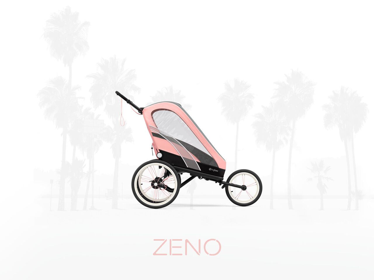 Pink stroller with three wheels against a palm tree background.