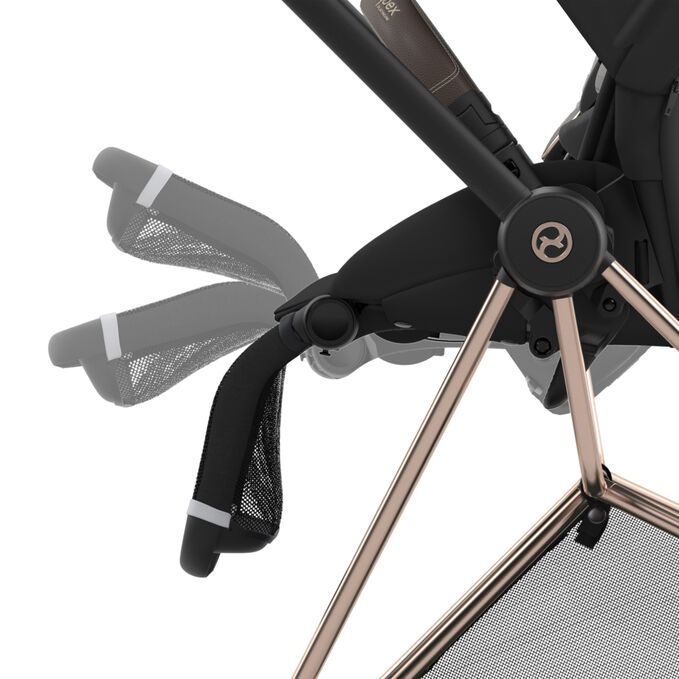 An image of the CYBEX Platinum Mios Jeremy Scott - Wings Stroller, highlighting the Adjustable legrest feature.