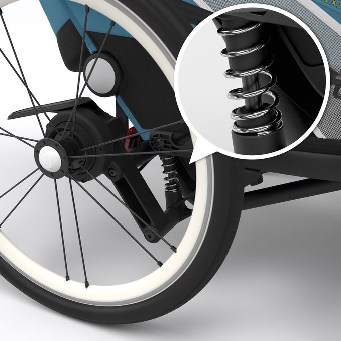 An image of the CYBEX Gold Zeno Bike Bike Trailer, highlighting the Soft rear suspension and air-filled tires feature.