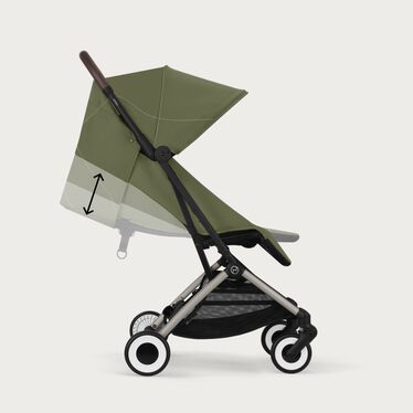 An image of the CYBEX Gold Orfeo Buggy, highlighting the Ergonomic Lie-flat & Integrated Legrest feature.