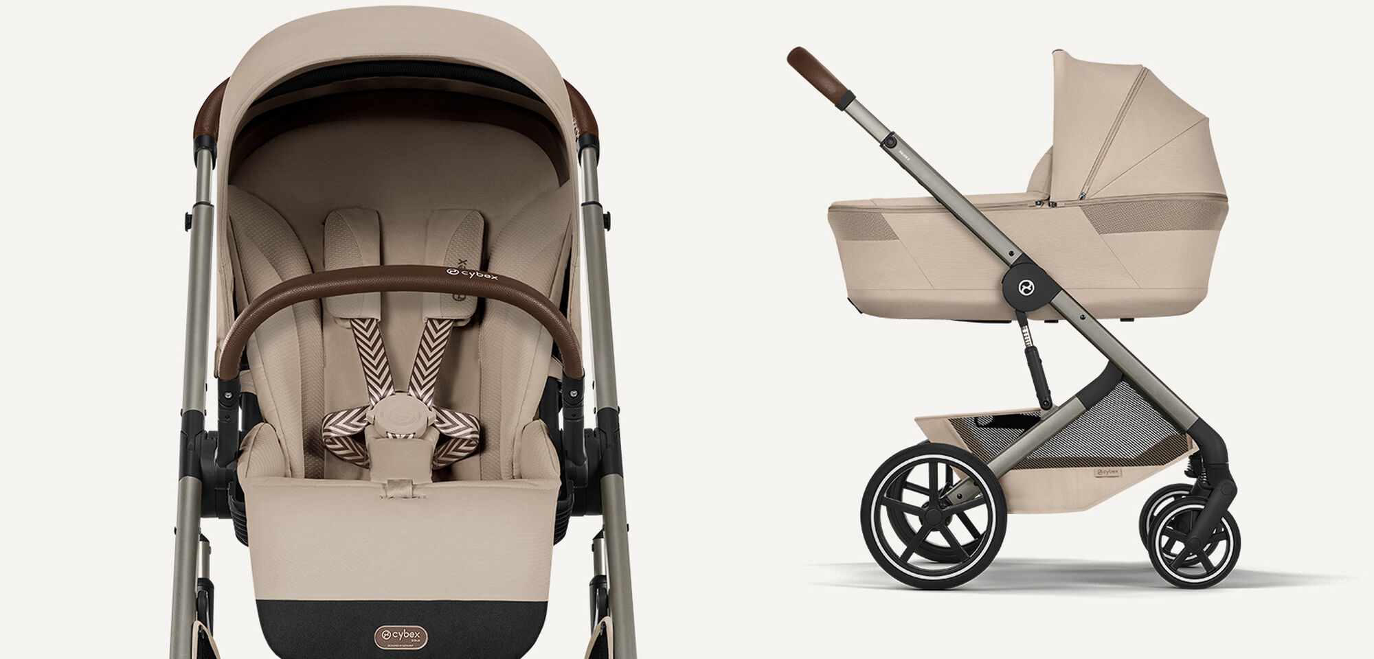 A Balios stroller with a seat pack (left) and a Cot (right) in Almond Beige.