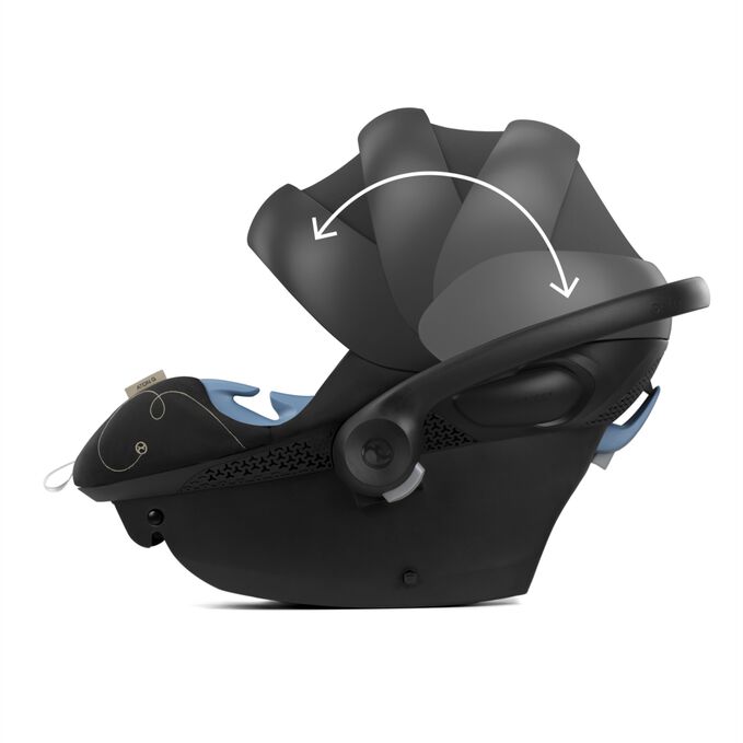 An image of the CYBEX Gold Eos and Aton G Swivel Travel System Stroller, highlighting the Oversized Sun Protection feature.