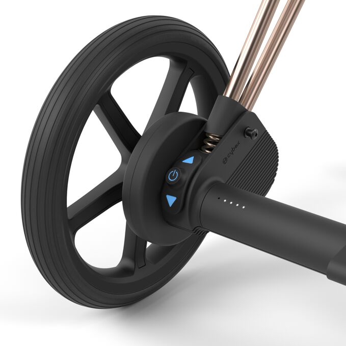 An image of the CYBEX Platinum e-Priam Frame Stroller, highlighting the Seamless Tech Integration feature.