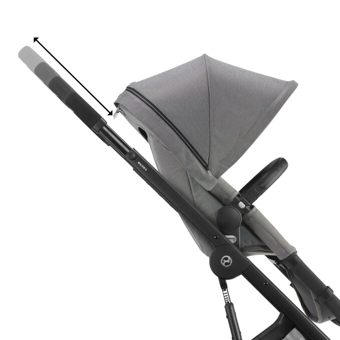 Ein Bild des CYBEX Gold Balios S 2-in-1 Stroller Travel Set, das das Merkmal Einhändig höhenverstellbarer Schiebegriff hervorhebt.