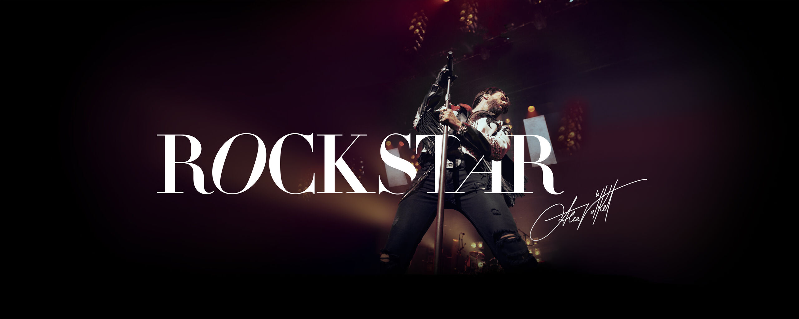 A rockstar on stage holding a microphone, surrounded by lights and fog, with the text "ROCKSTAR" in the foreground.