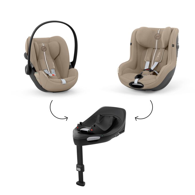 An image of the CYBEX Gold Cloud G i-Size Infant Car Seat, highlighting the One base – two seats: ​Designed to cover their first 4 years feature.