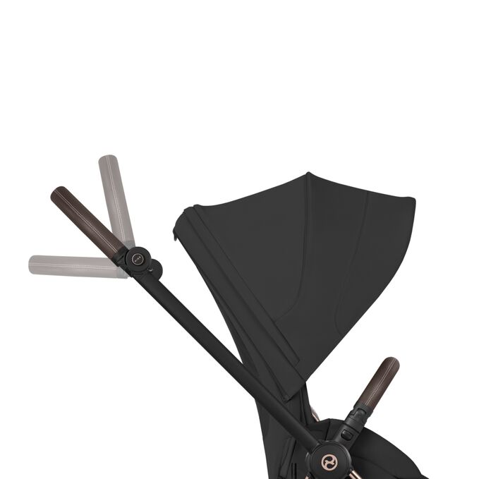 An image of the CYBEX Platinum Mios - Style Collection Stroller, highlighting the One-Hand Height-Adjustable Handlebar feature.