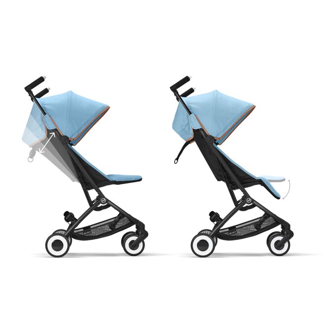 An image of the CYBEX Gold Libelle Buggy, highlighting the Infinite Recline & Adjustable Leg Rest feature.