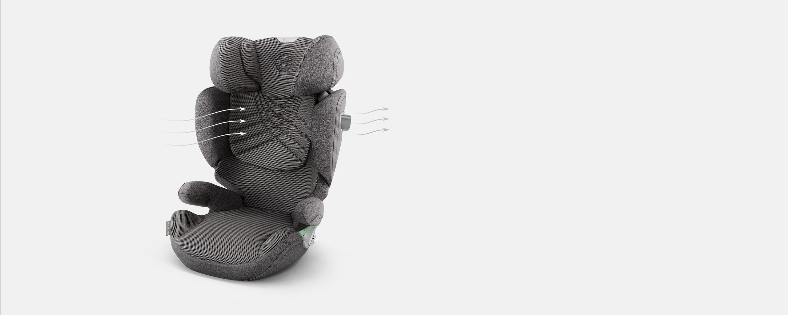 Solution T car seat in grey with ergonomic design, suitable for children up to 12 years.