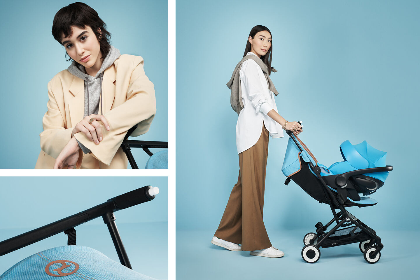 Libelle stroller, smallest fold, in blue, with two women in stylish outfits.