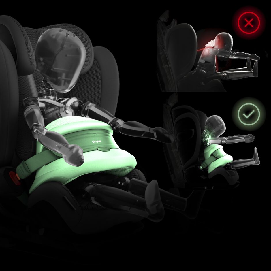An image of the CYBEX Gold Pallas G3 Toddler Car Seat, highlighting the 25% reduction in neck injuries¹ feature.