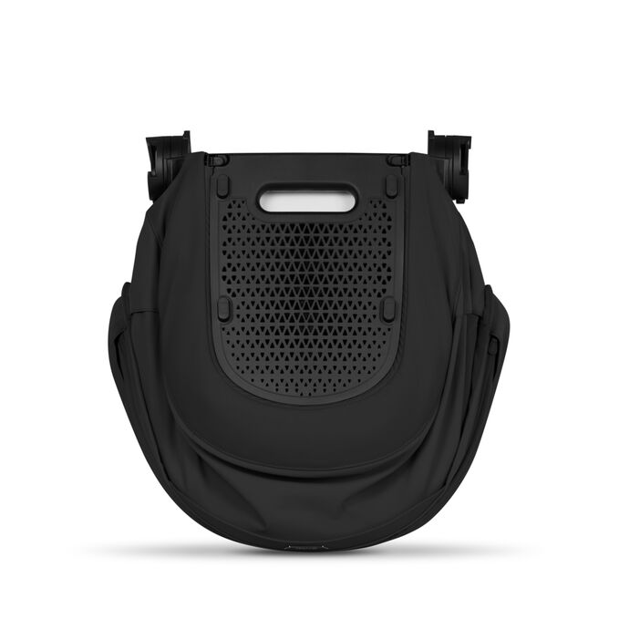 An image of the CYBEX Platinum Mios/Coya Fold Lux Carry Cot - Style Collection Stroller, highlighting the Integrated Carry Handle when Folded feature.