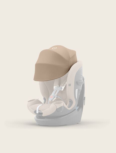 Product image of a CYBEX car seat with a sun canopy attached. The sun canopy is in focus.