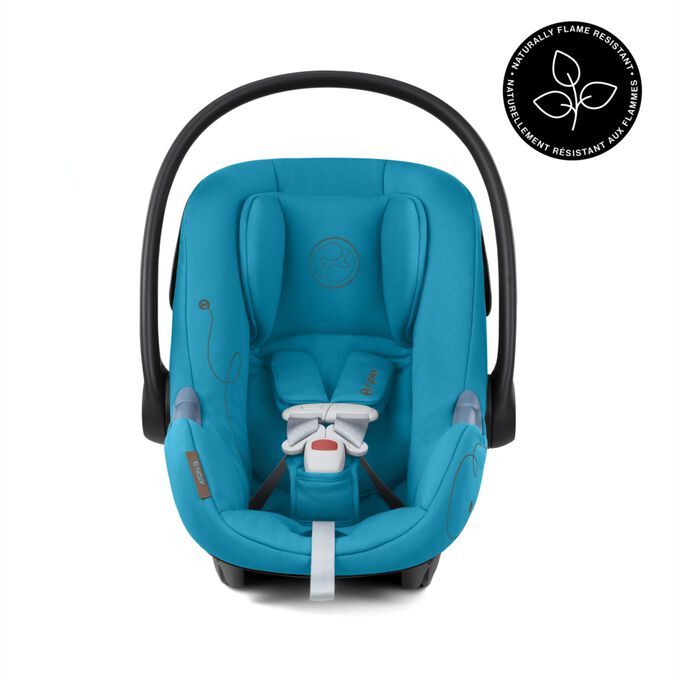 An image of the CYBEX Gold Aton G Swivel with Base Infant Car Seat, highlighting the Fire Retardant Chemical Free Fabric feature.