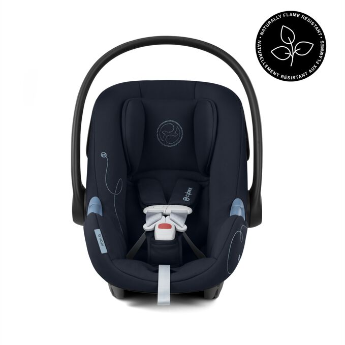 An image of the CYBEX Gold Aton G with Base Infant Car Seat, highlighting the Fire Retardant Chemical Free Fabric feature.
