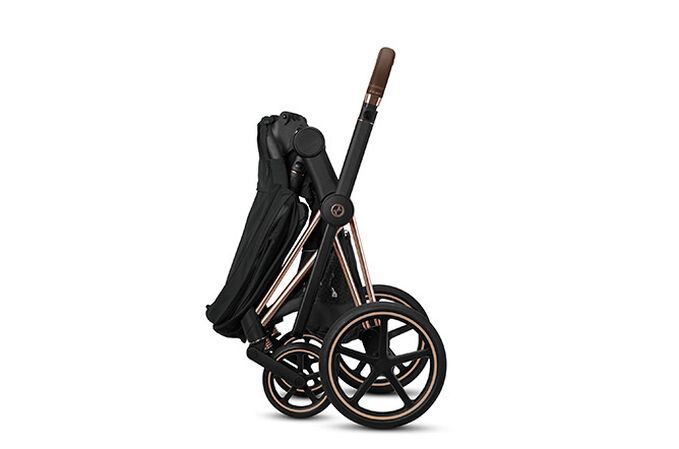 An image of the CYBEX Platinum Priam 3 Frame Stroller, highlighting the One-hand fold feature.