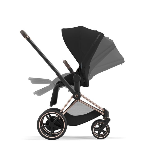An image of the CYBEX Platinum e-Priam Jeremy Scott - Car Stroller, highlighting the One-hand Recline and Fold feature.