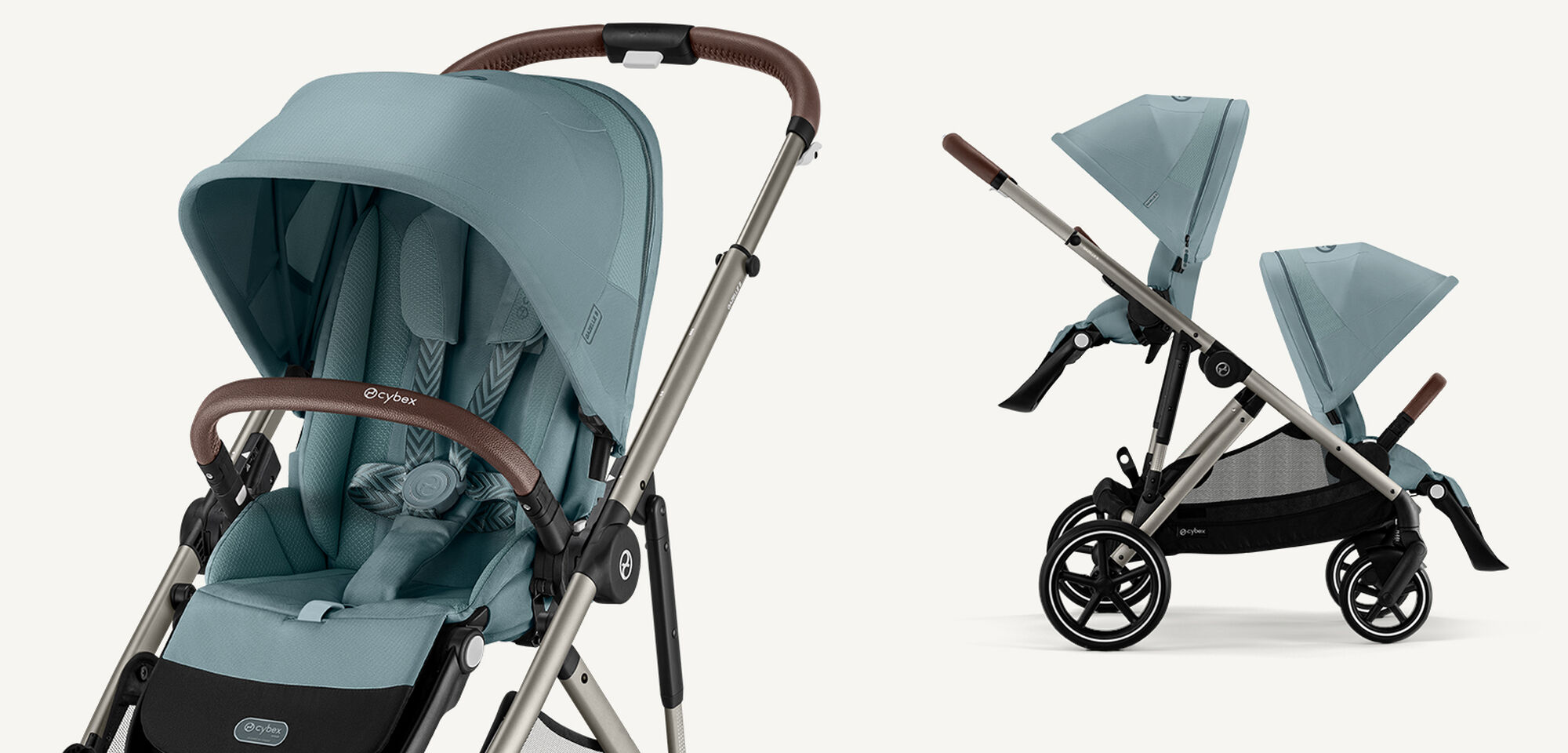 Two product shots of a Gazelle S stroller in Stormy Blue, one in single, one in sibling/twin mode.