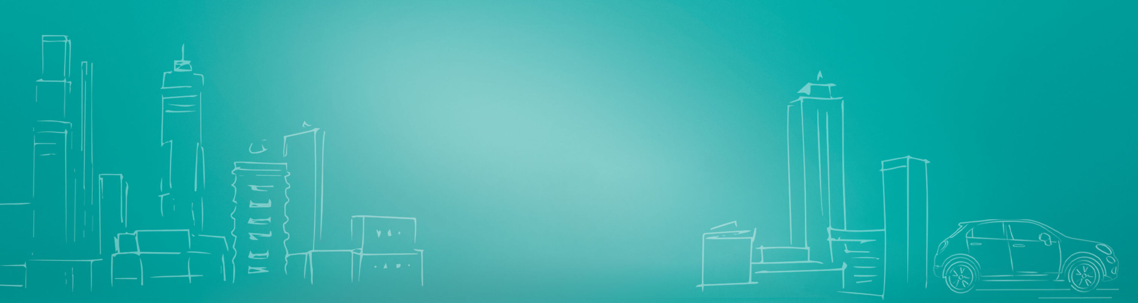 Stylized drawing of a cityscape with a car on a turquoise background.