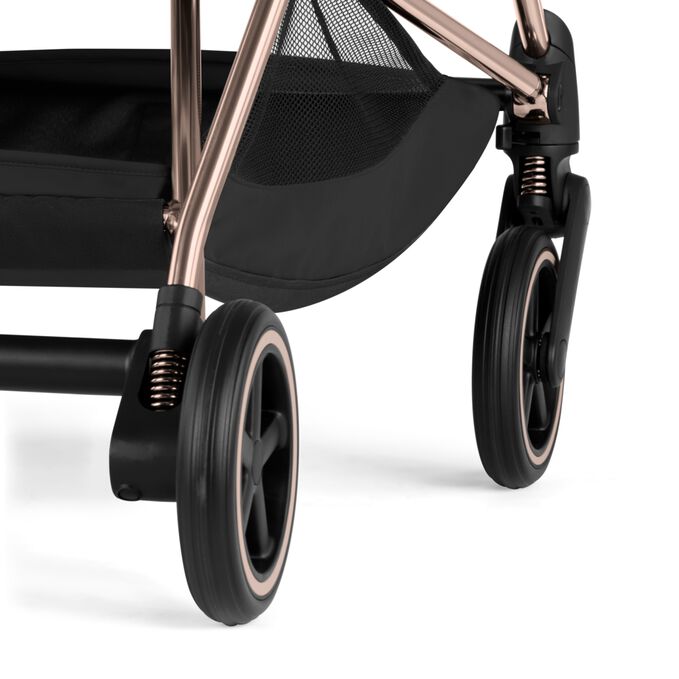 Afbeelding van de CYBEX Platinum Mios Stroller, met de nadruk op de functie All-wheel Suspension.