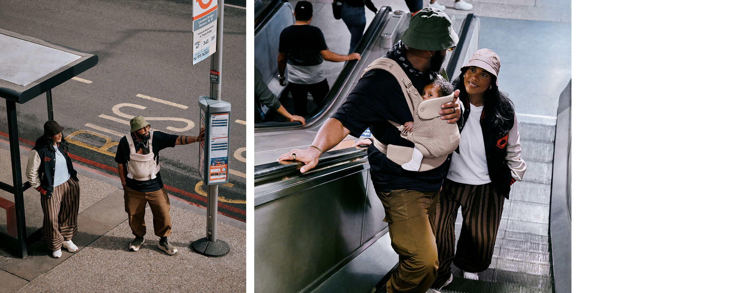 Two images of a couple, the man holding his baby in an Amya baby carrier. On the left, they're waiting at a bus stop, on the right, they're going up an escalator.