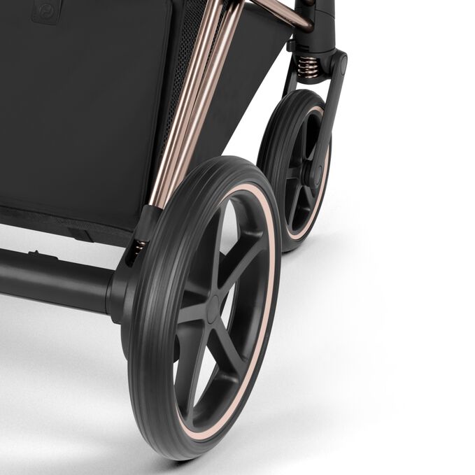 An image of the CYBEX Platinum e-Priam - Style Collection Stroller, highlighting the All-wheel Suspension feature.