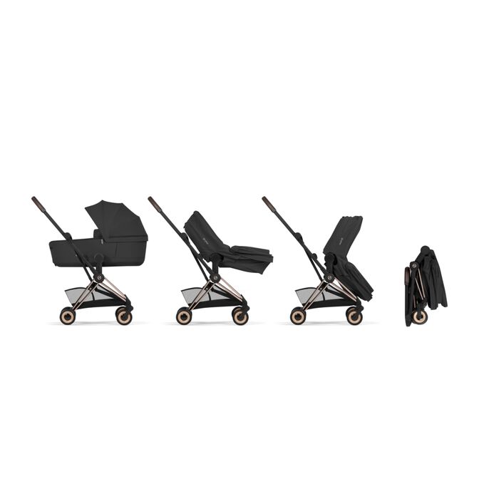 Afbeelding van de CYBEX Platinum Coya with Cot Stroller, met de nadruk op de functie Travel System Ready.
