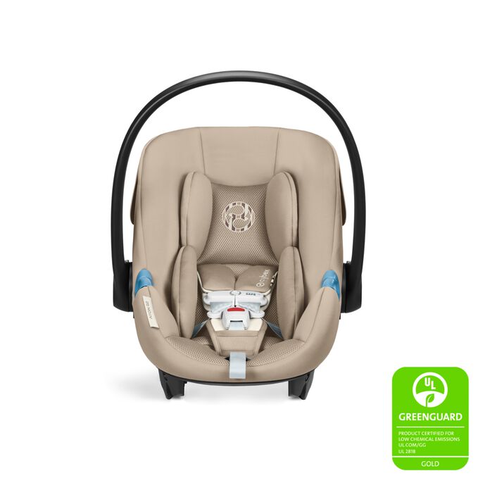 An image of the CYBEX Gold Aton G2 Infant Car Seat, highlighting the GREENGUARD Gold Certified feature.