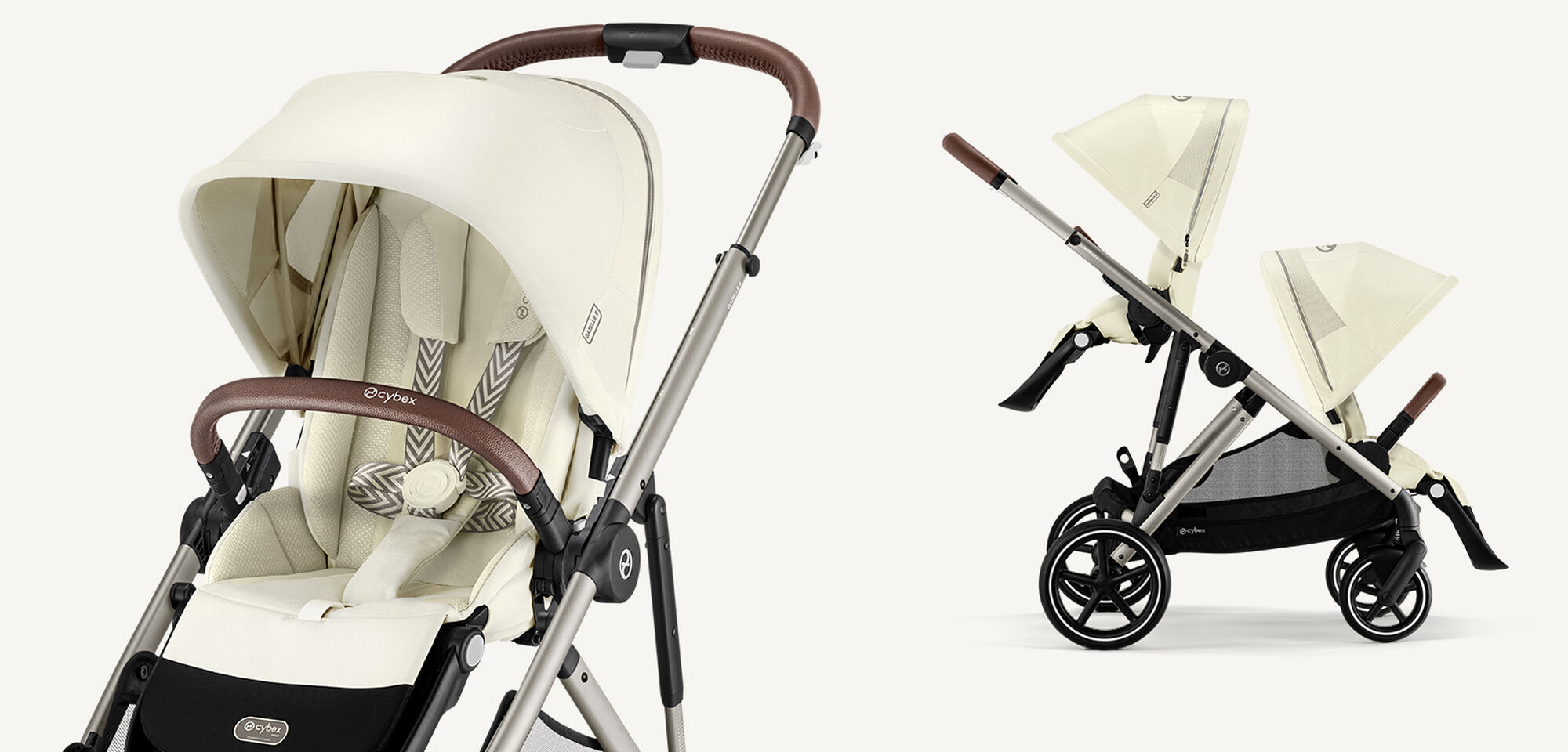 Two product shots of a Gazelle S stroller in Seashell Beige, one in single, one in sibling/twin mode.