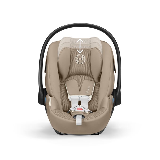 An image of the CYBEX Gold Cloud G Pro with Load Leg Base Infant Car Seat, highlighting the 12-Position Height-Adjustable Headrest feature.