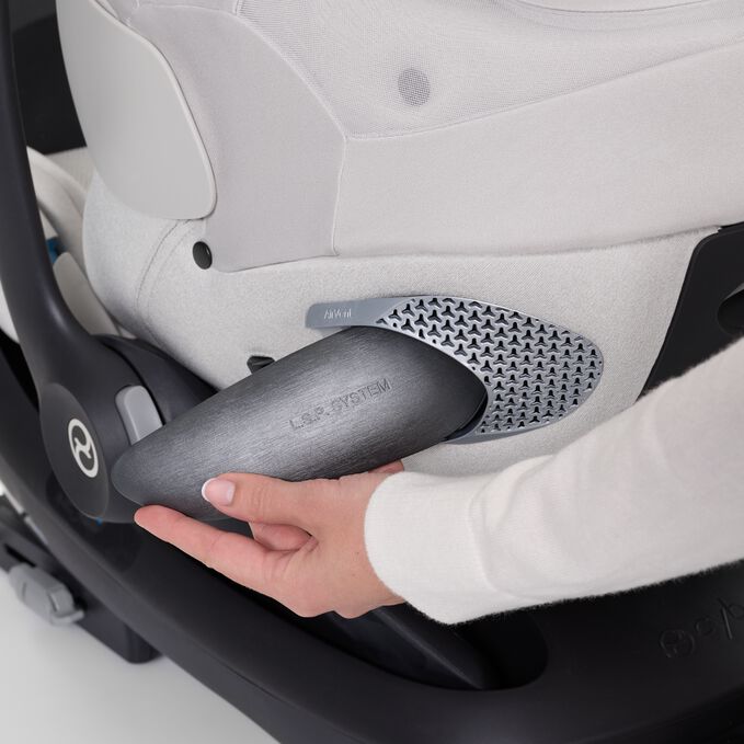 An image of the CYBEX Platinum Cloud T with Load Leg Base Infant Car Seat, highlighting the 25% More Side-impact Protection feature.