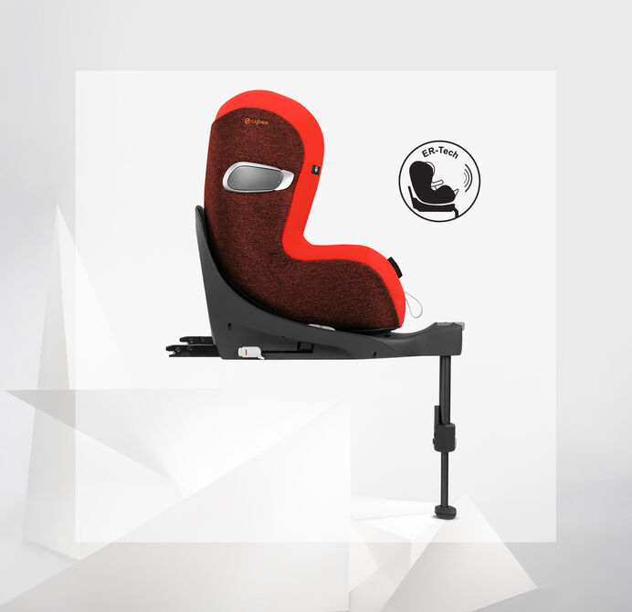 Sirona Z car seat in red and black with E-R-Tech symbol on white background.