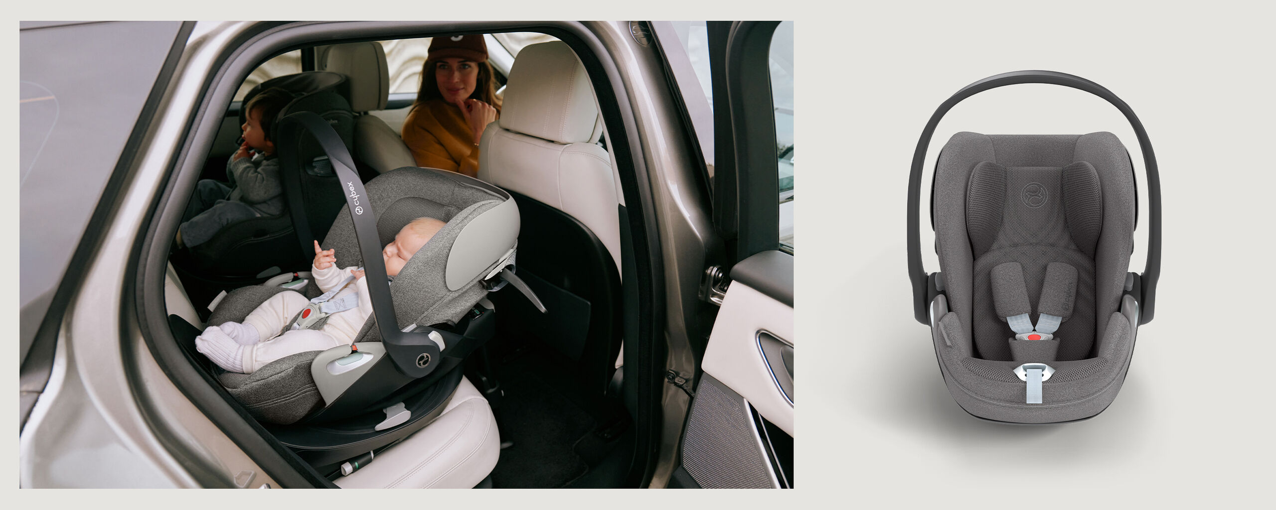 Cloud T reclining infant car seat installed in a car with a baby inside.