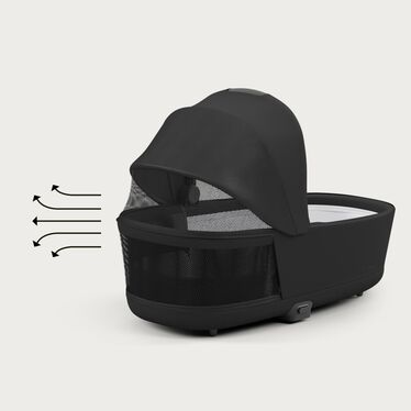 An image of the CYBEX Platinum Priam Lux Carry Cot Stroller, highlighting the Panorama and Sky View Windows feature.