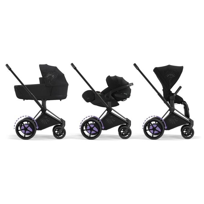 An image of the CYBEX Platinum e-Priam - La Parisienne Stroller, highlighting the Travel System Ready feature.