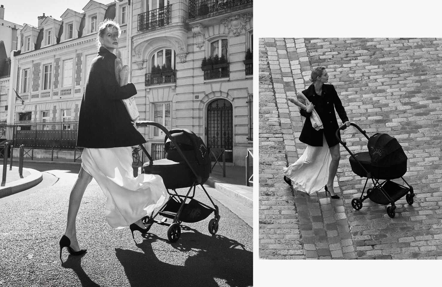 Two images. On both, a woman holding baguettes is pushing her LaParisienne Priam down the streets of Paris.