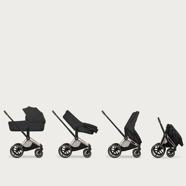 An image of the CYBEX Platinum Priam Frame - Style Collection Stroller, highlighting the Folds compact with Cot on frame feature.