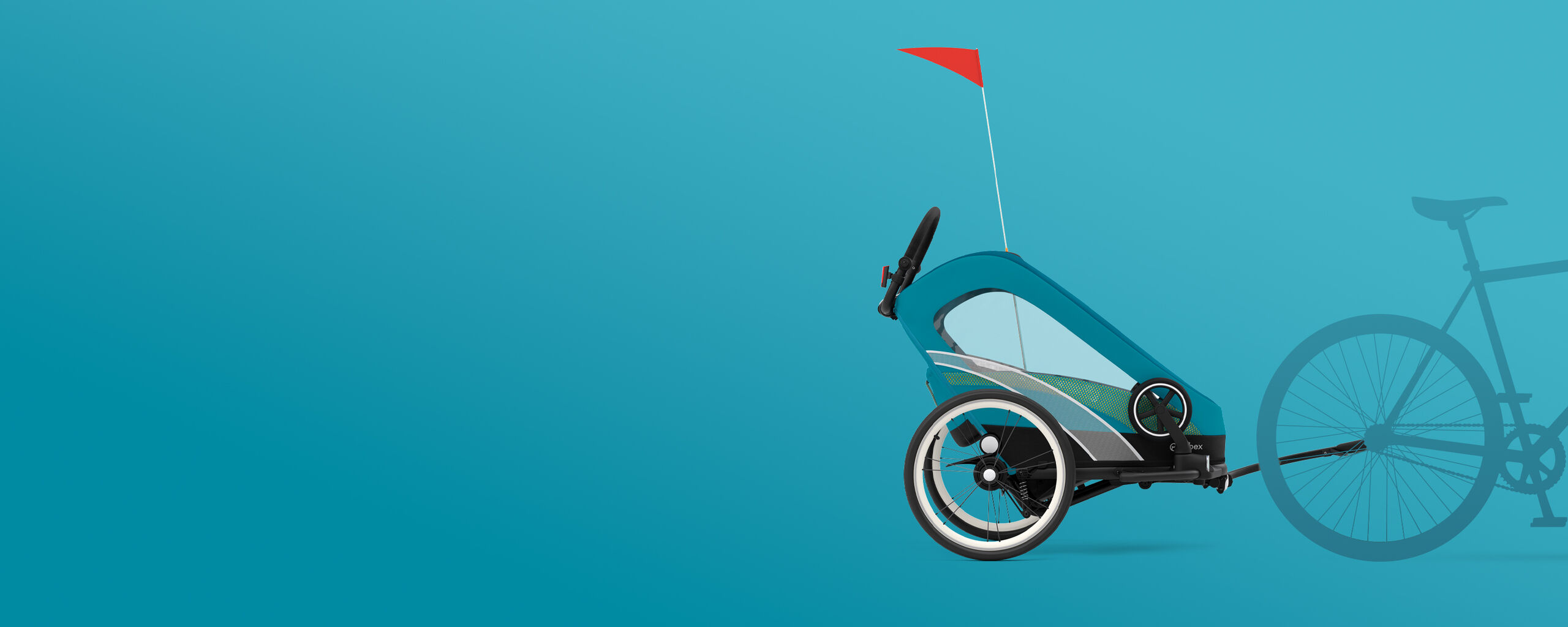 Zeno Bike fietskar voor kinderen met rode vlag op blauwe achtergrond.