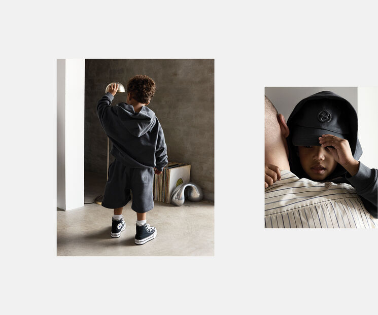 Two images next to each other of a boy, one from behind, the other, while he's in his father's arms.
