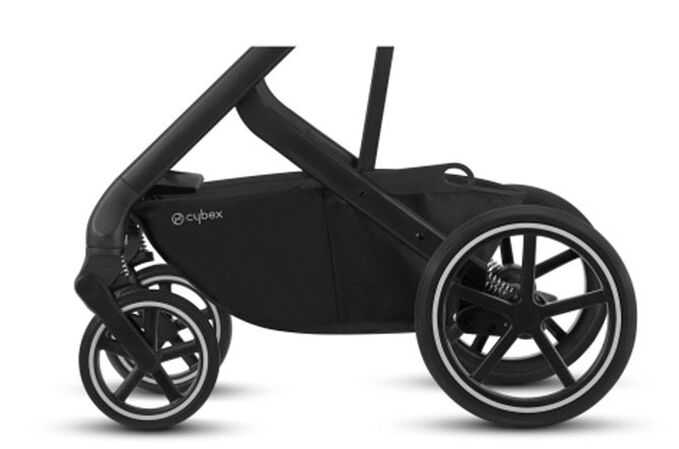 An image of the CYBEX Gold Balios S Lux Stroller, highlighting the Never-flat all terrain wheels feature.