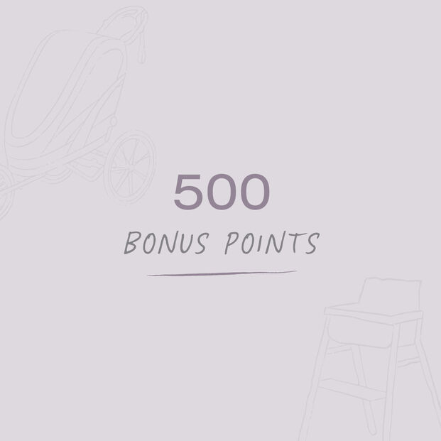 CYBEX Club graphic with 500 bonus points, stroller and high chair sketched in the background.