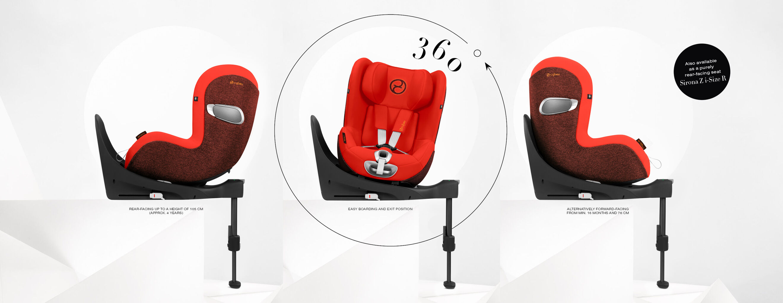 Sirona Z car seat in red, showcasing 360-degree rotation and various perspectives.