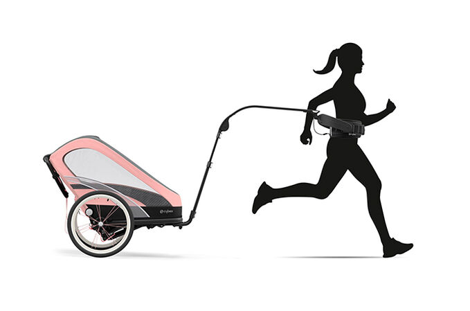 An image of the CYBEX Gold Zeno Seat Pack Cross Country Ski Trailer, highlighting the Hands-free Running feature.