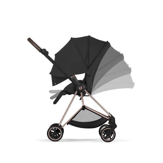 Afbeelding van de CYBEX Platinum Mios Stroller, met de nadruk op de functie Ergonomic Lie-Flat with XXL extendable Canopy.