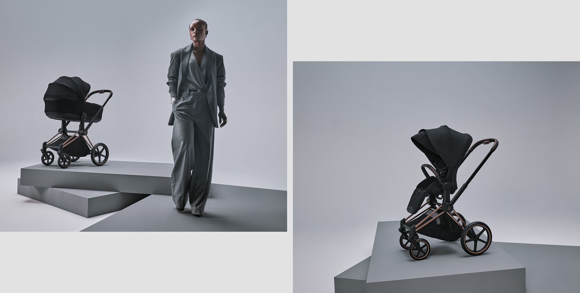 Two images. On the left, a woman next to a Priam Style. On the right, a Priam Style with a seat pack attached. 