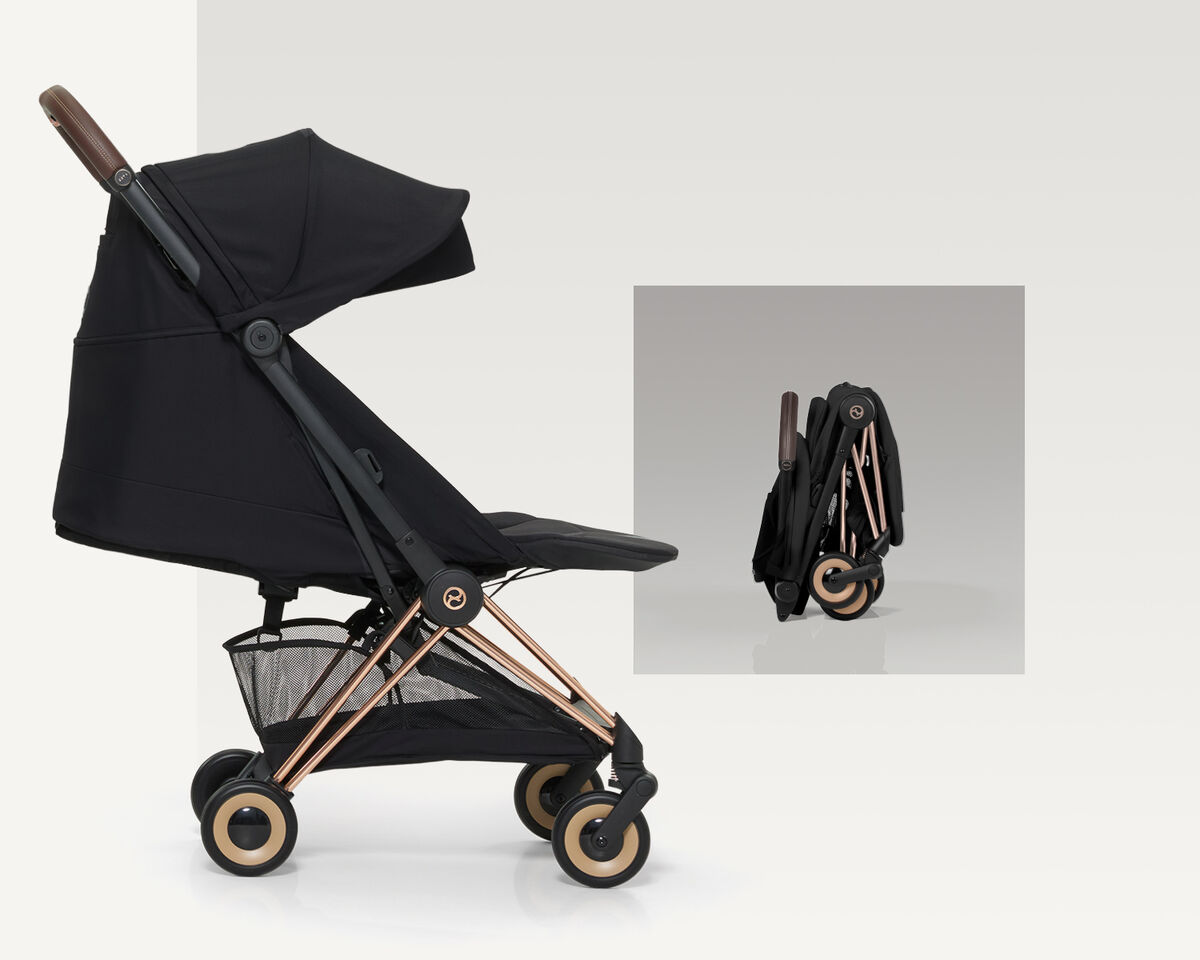 Two images of a Coya buggy. On the left, it faces the user head on, on the right, it's folded up.